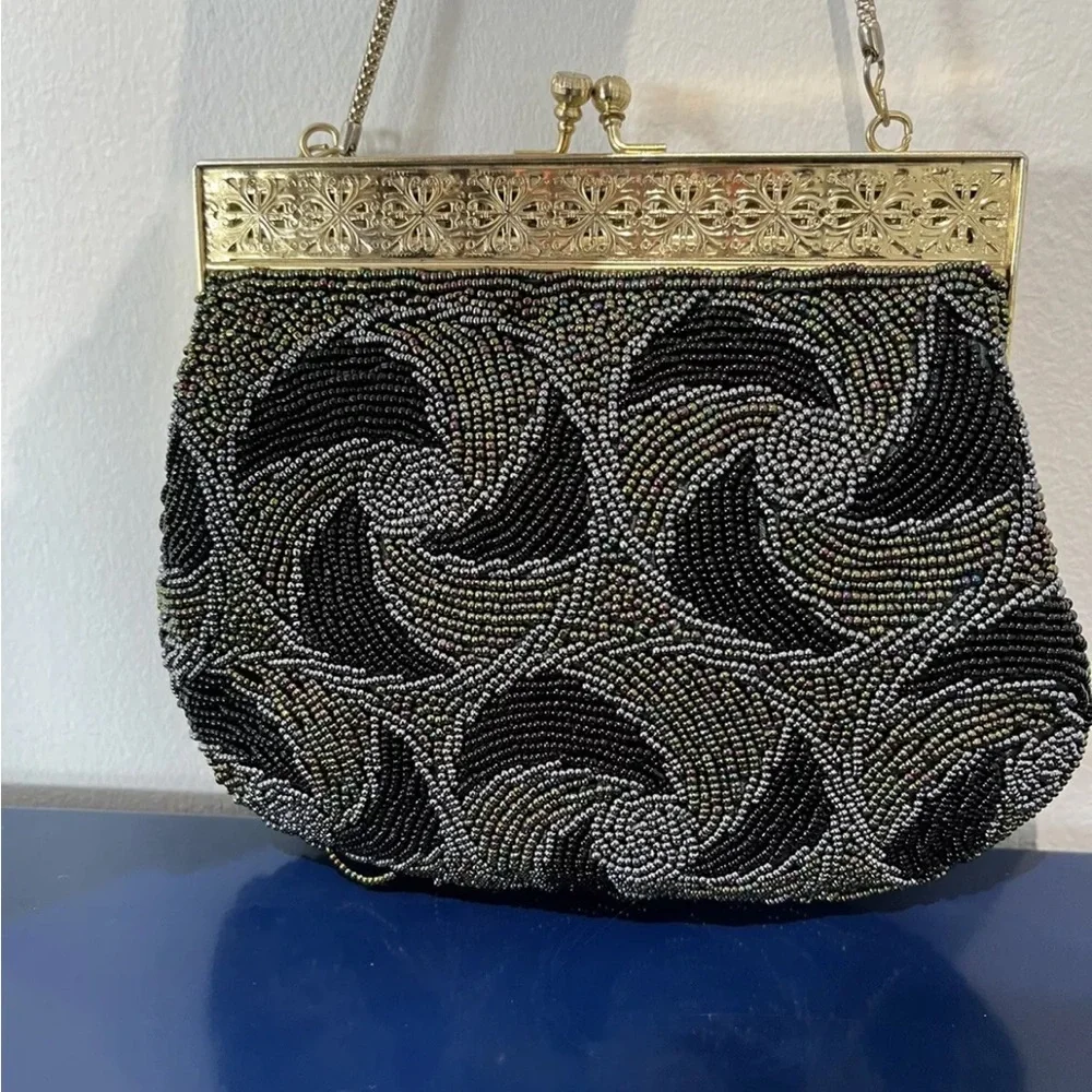 Black Gray Swirl Beaded Purse Evening Bag Clutch Gold Frame Vintage 50s 60s